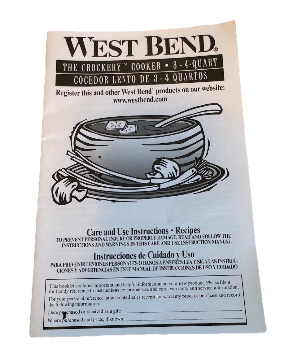 BOOK ONLY - West Bend Crockery Cooker 3-4 Quart Care Use Instructions Recipes
