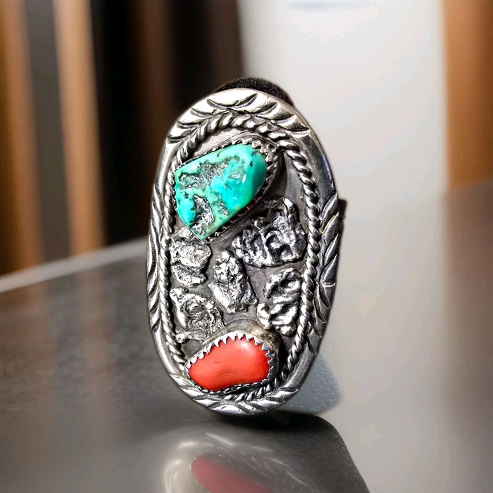 Vtg Signed A Bahe Navajo Sterling Silver Turquoise Coral Statement Ring  Sz 11.5
