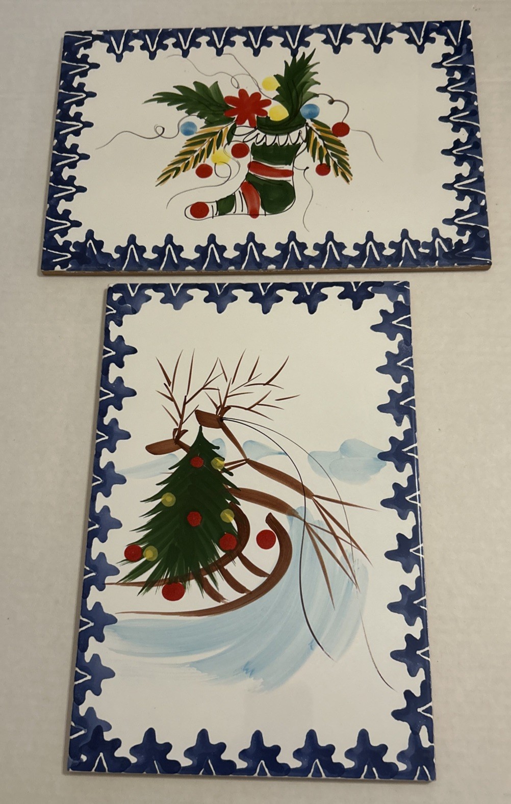Italian Zanolli Handpainted Ceramic Christmas Trivets Set Of 2 Large 12”