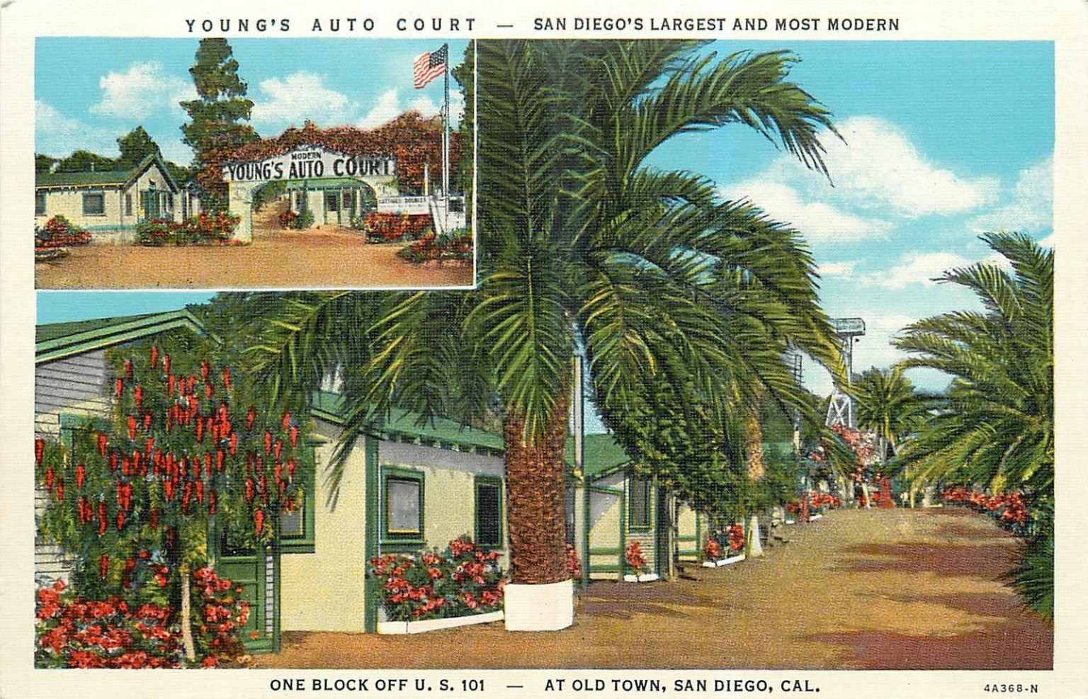 Young\'s Auto Court Old Town San Diego CA Linen Postcard 1940s Vintage