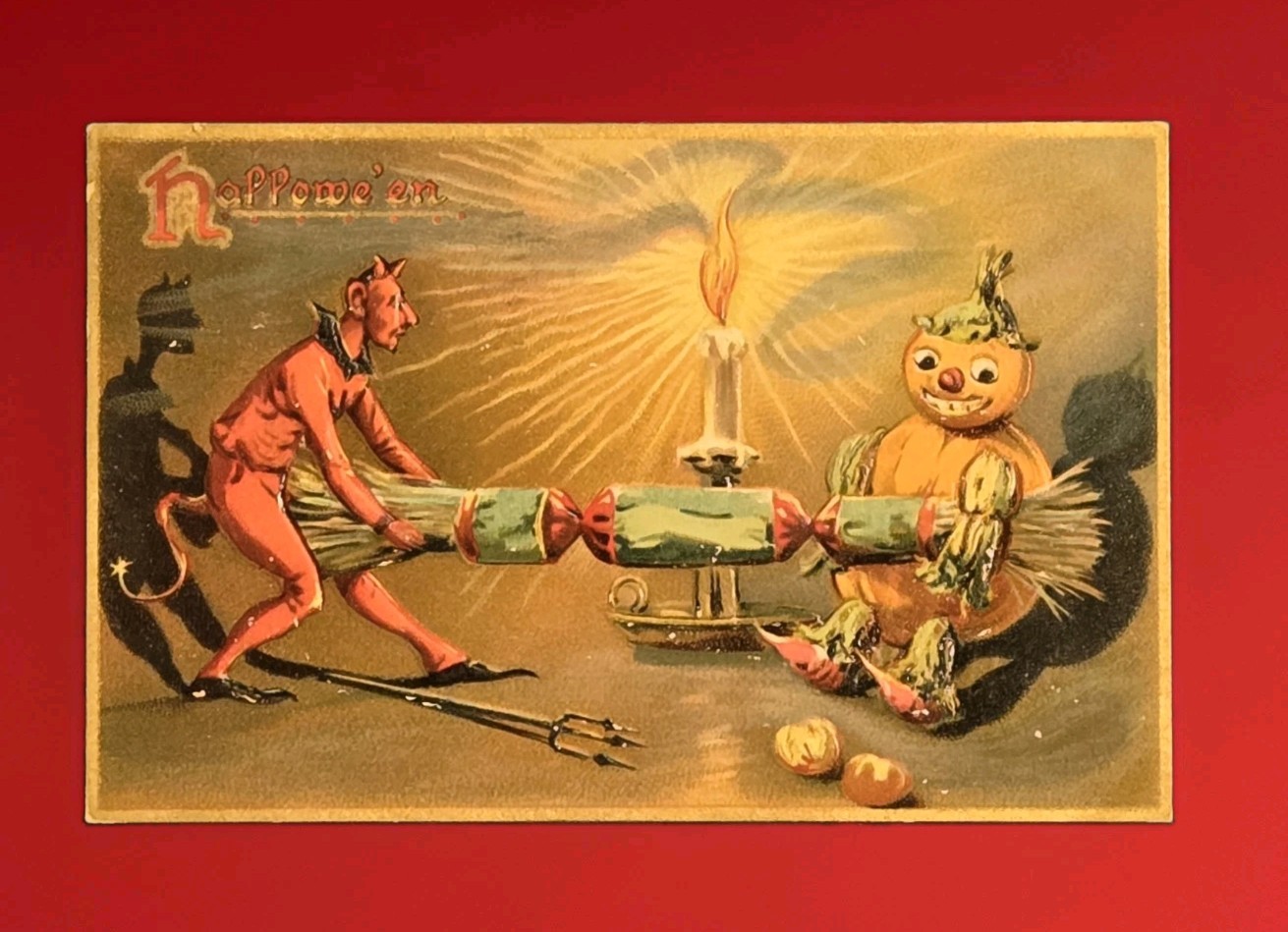 Vintage TUCK'S Halloween Postcard No.150 Devil In Tug-o-War W/ Pumpkin Man 1908