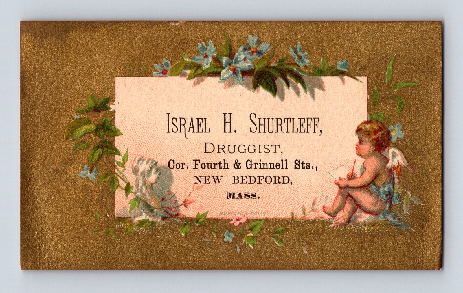 Israel H. Shurtleff Druggist Cherub Artist New Bedford MA Victorian Trade Card