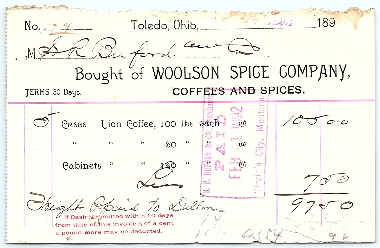 1890s Woolson Spice Co. Toledo Lion Coffee billhead Montana
