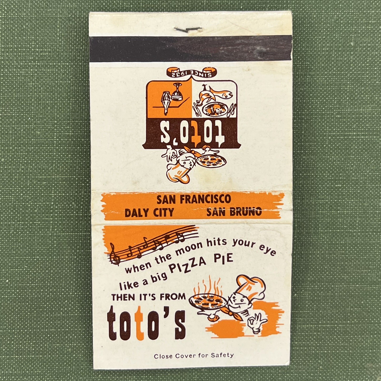 Vintage Matchbook Cover Toto’s Pizzeria Restaurant San Fransisco CA Matches