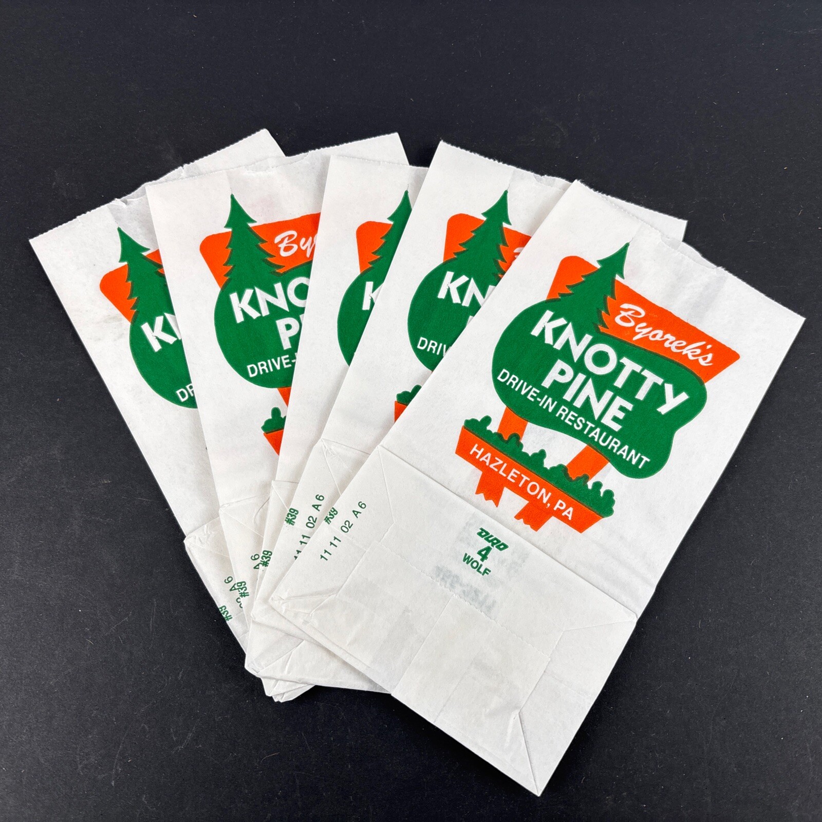 (5) VTG Byorek\'s Knotty Pine Restaurant Hazleton PA NOS Paper Bag Advertisement