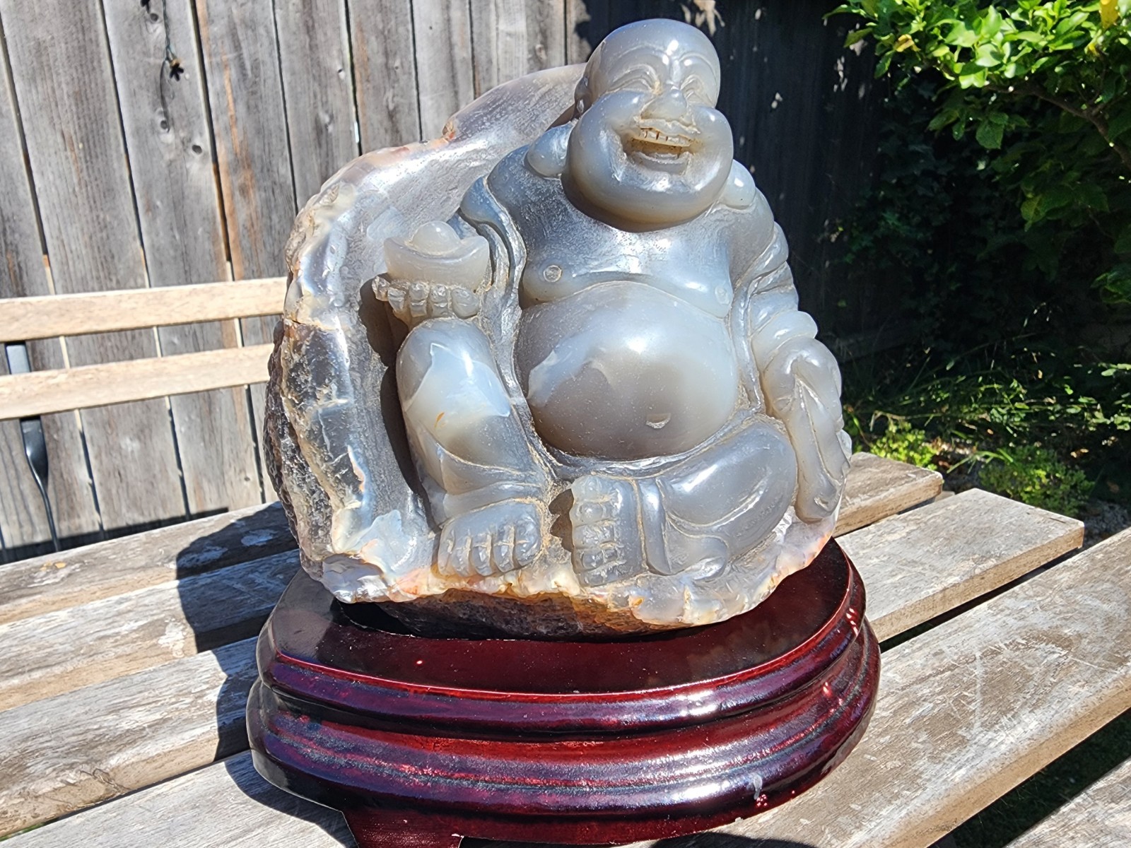 Large Hand Carved Translucent Agate Chalcedony Laughing Buddha Sculpture w/Base