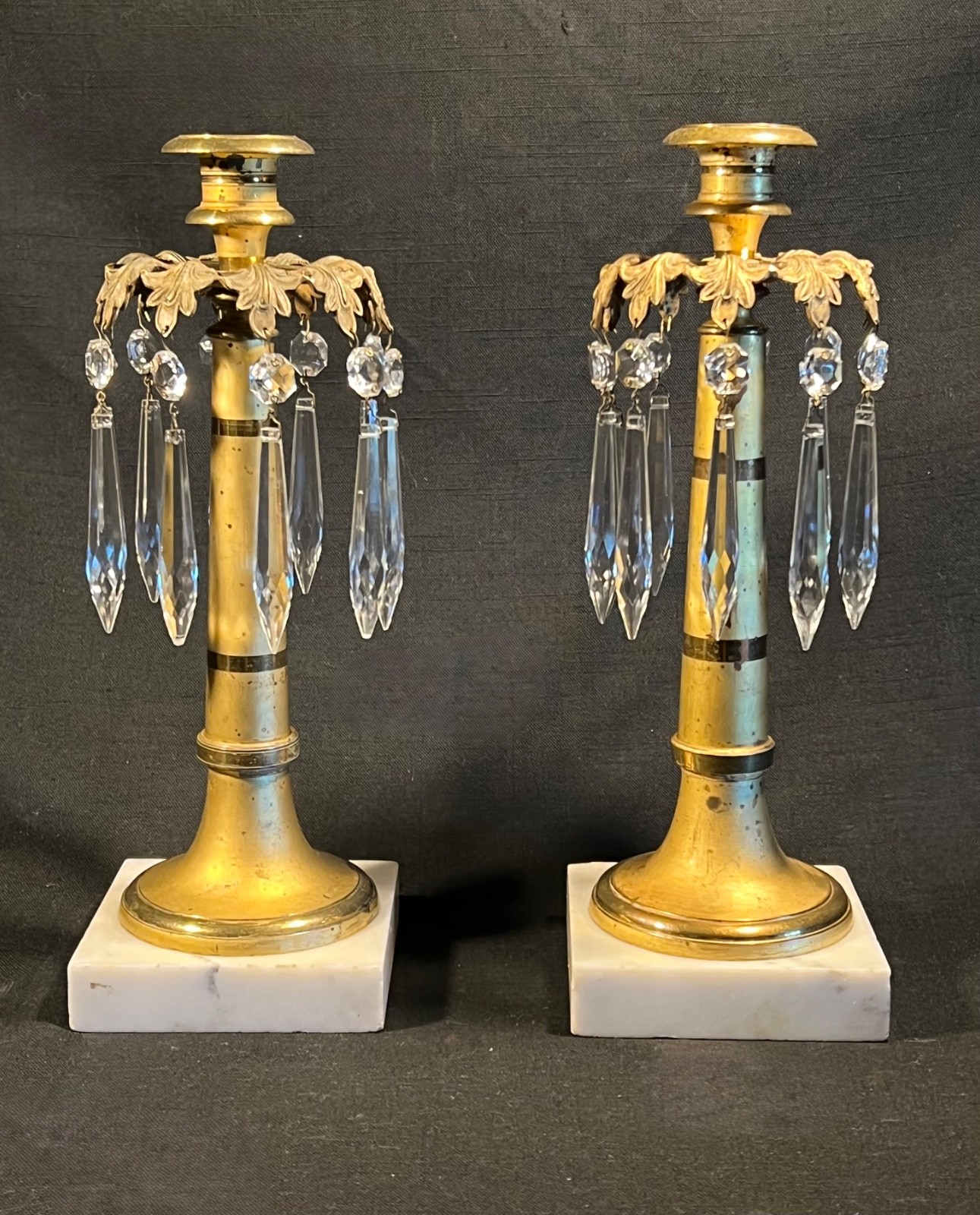 Antique Victorian Girandole Pair Brass Candlestick Lusters w Crystals & Marble