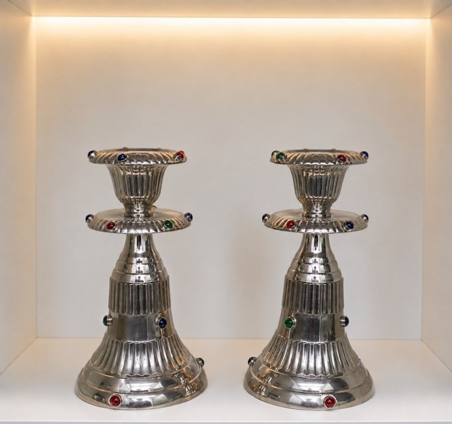 Vintage Art Deco Medieval Pillar Candle Candlesticks Holders Silver Metal, Glass
