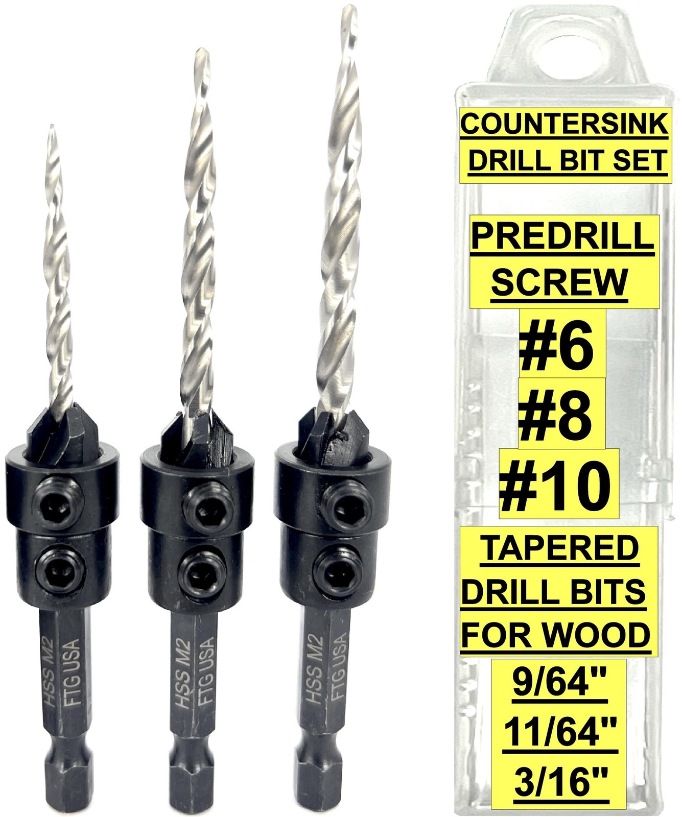FTG USA 3 Pc #6#8#10 Countersink Drill Bit Set with Tapered Drill Bits Case