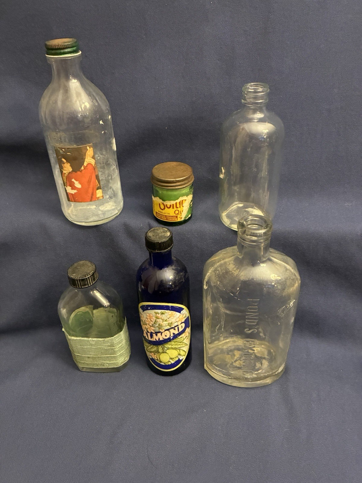 VTG Apothecary Medicine Bottle Lot of 6 Cobalt Blue Ponds Green Soltice Decor