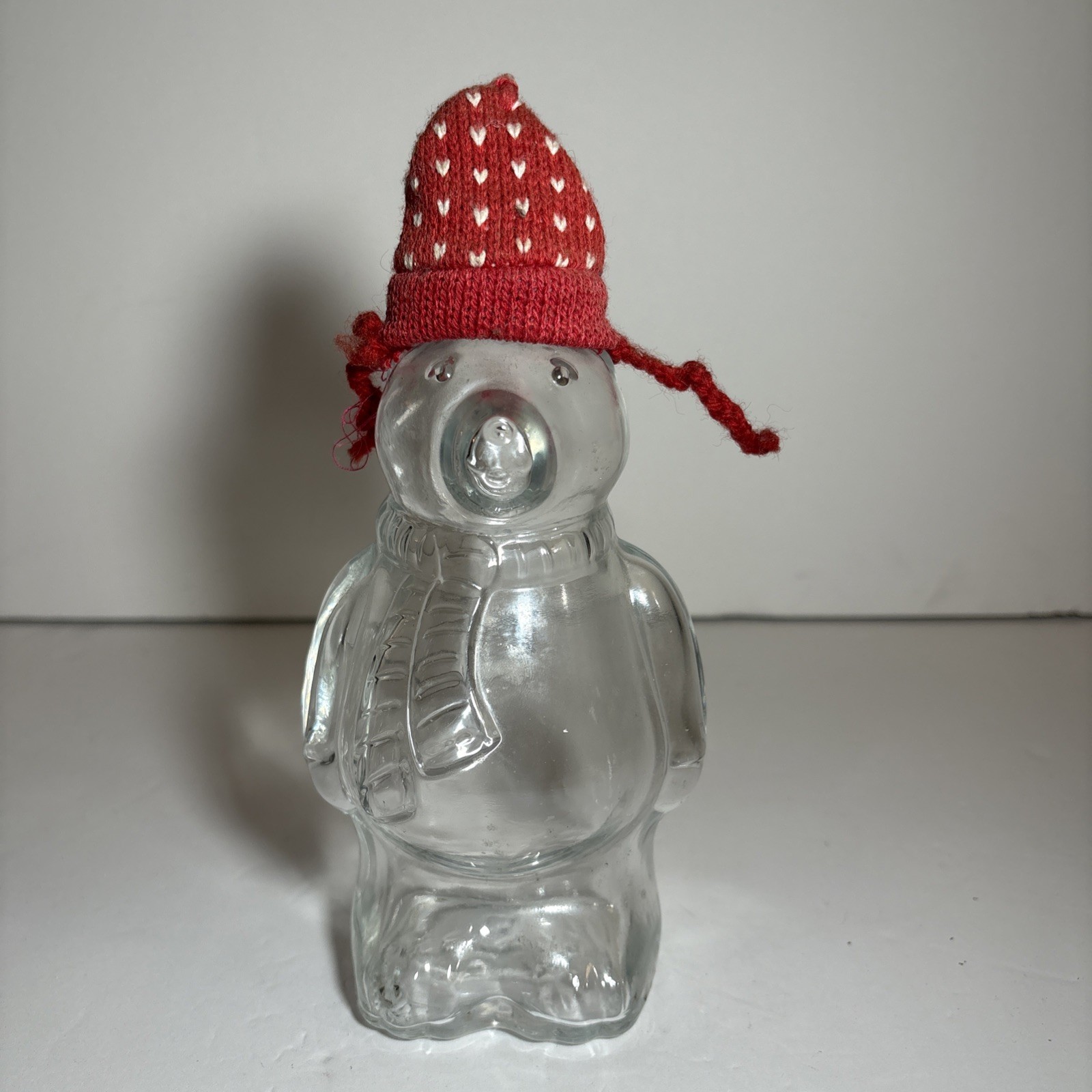 Vintage Clear Glass Bear Wearing a Scarf & Hat Bottle Figural
