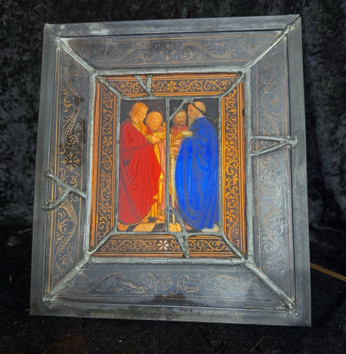 Vintage Stained Glass Religious Table Top Light Light Box in Working Condition