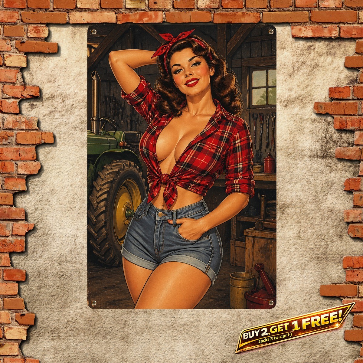 Sexy Cowgirl Pinup Girl Tractor Sign Vintage Farm Man Cave Decor