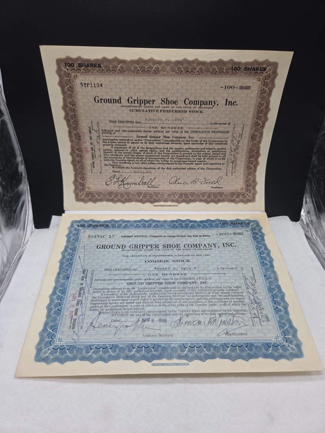 2 Ground Gripper Shoe Company Common Stock Certificates 1929 Harry Reed Autos