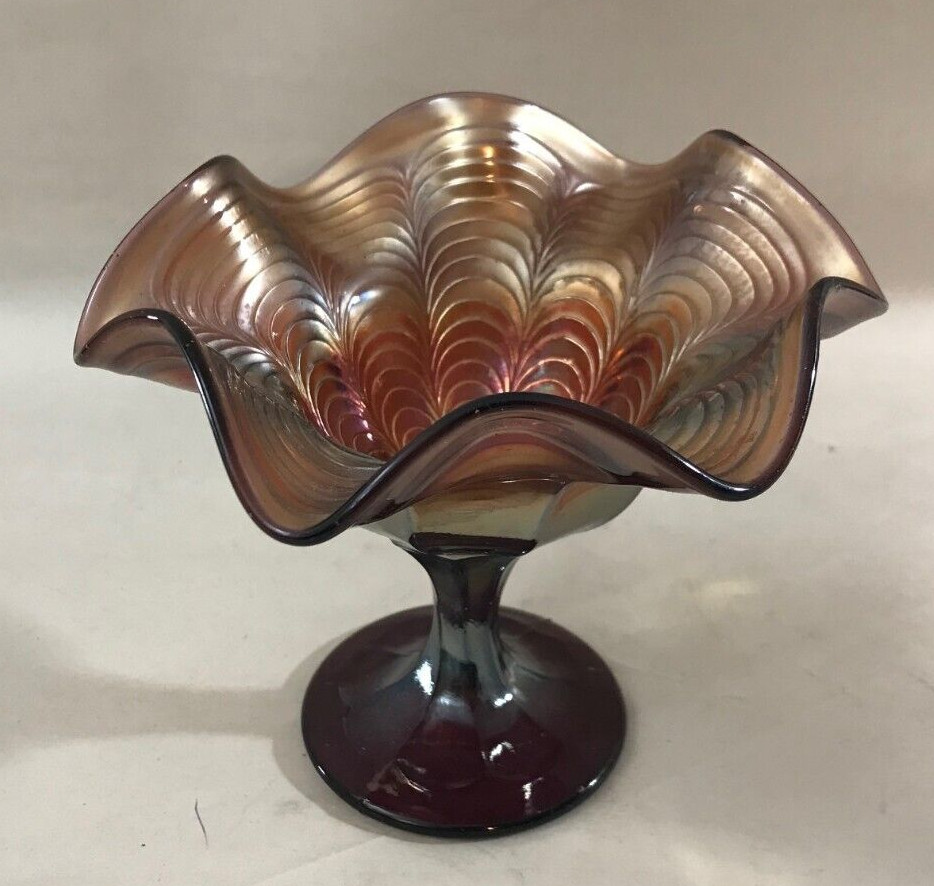 SPECIAL FENTON CARNIVAL GLASS: PEACOCK TAILS AMETHYST BASE CANDY COMPOTE - 1910