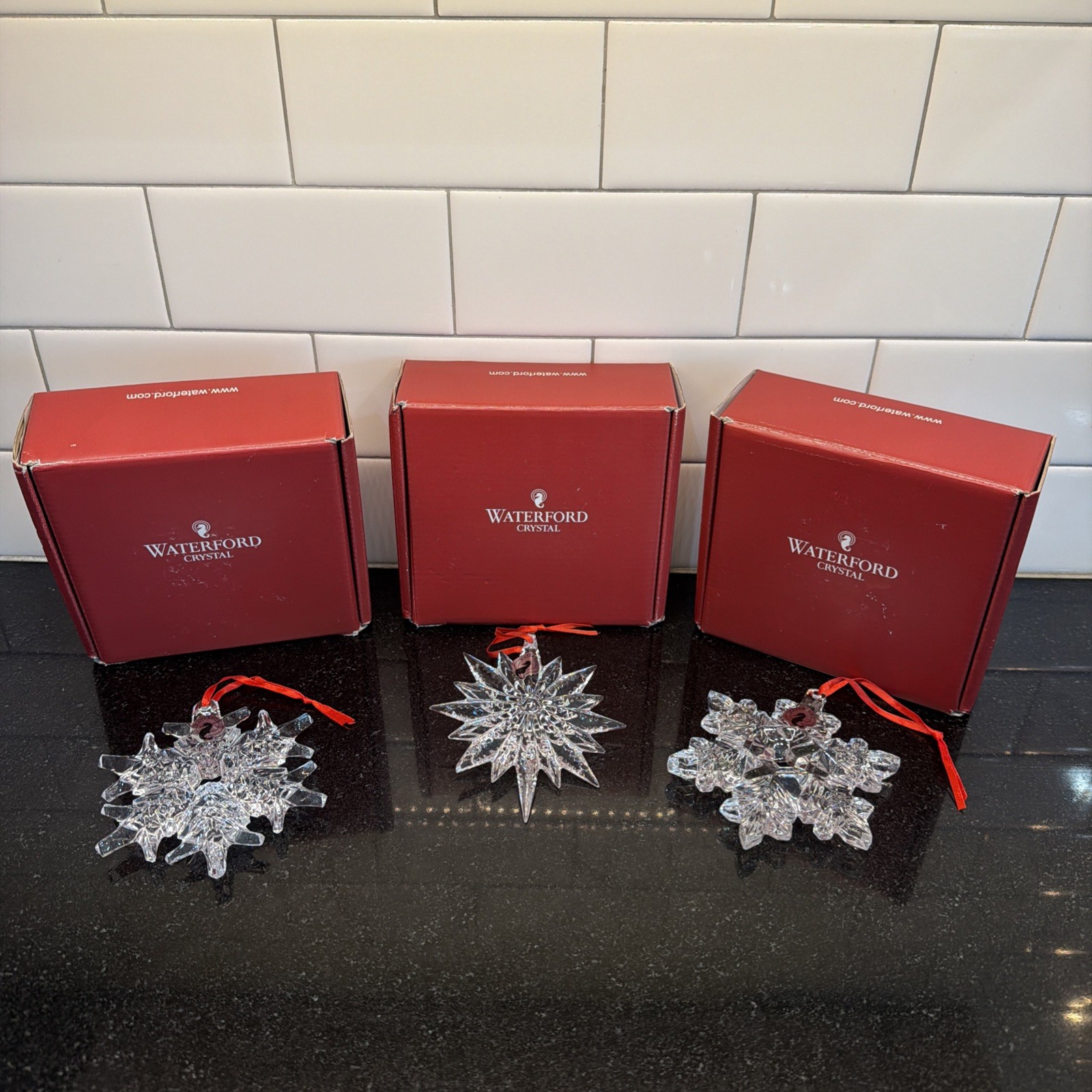Set/3 Waterford Crystal Snowflake Clear Ornaments In Box Christmas Holiday Gift