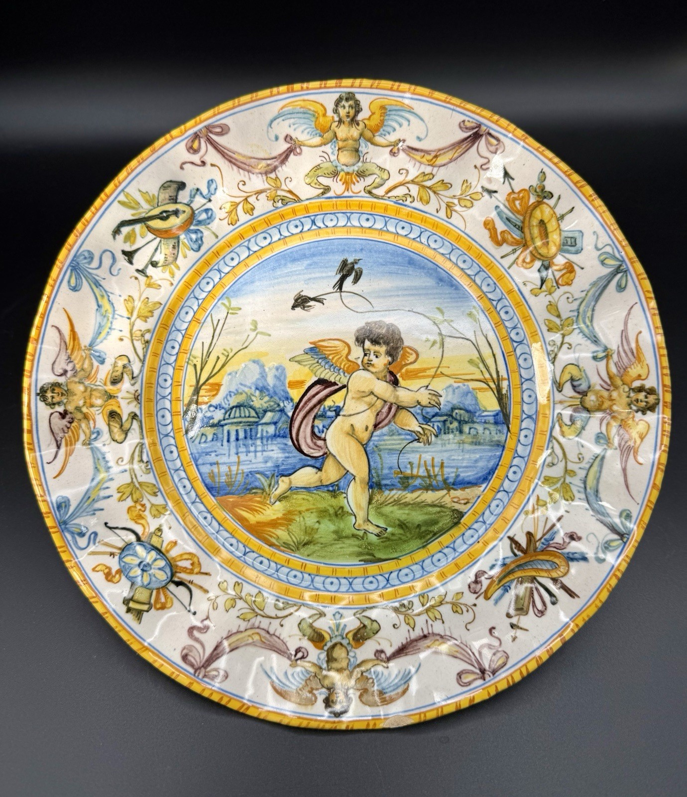 Antique Cantagalli Plate Italy Majolica Putto Grotesque Hand Painted Cockrel 19c