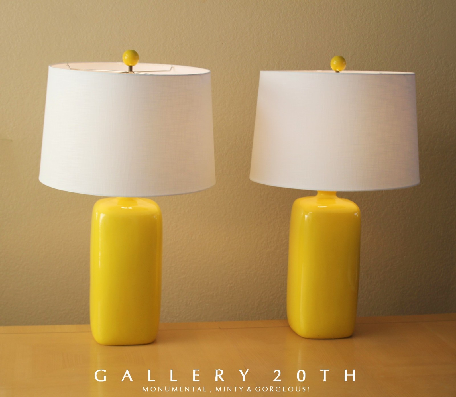 WOW MONUMENTAL PAIR OF 70S YELLOW MID CENTURY MODERN LAMPS HUGE LINEN SHADES