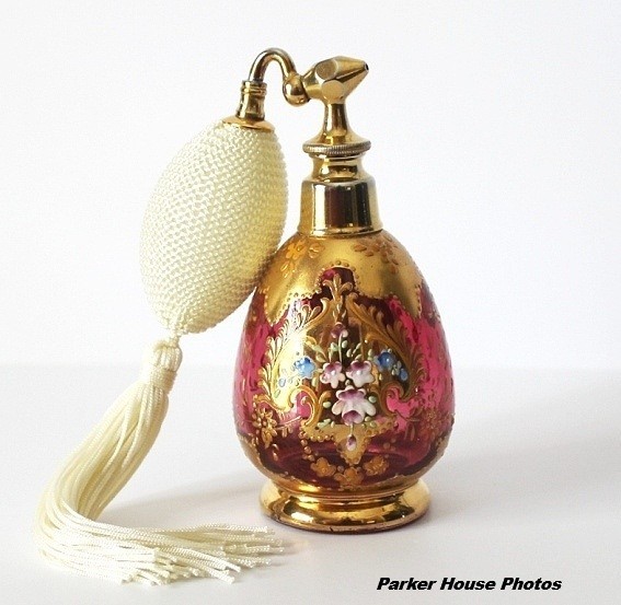 Antique DeVilbiss Perfume Painted Cranberry Atomizer / Perfumizer - Circa 1915