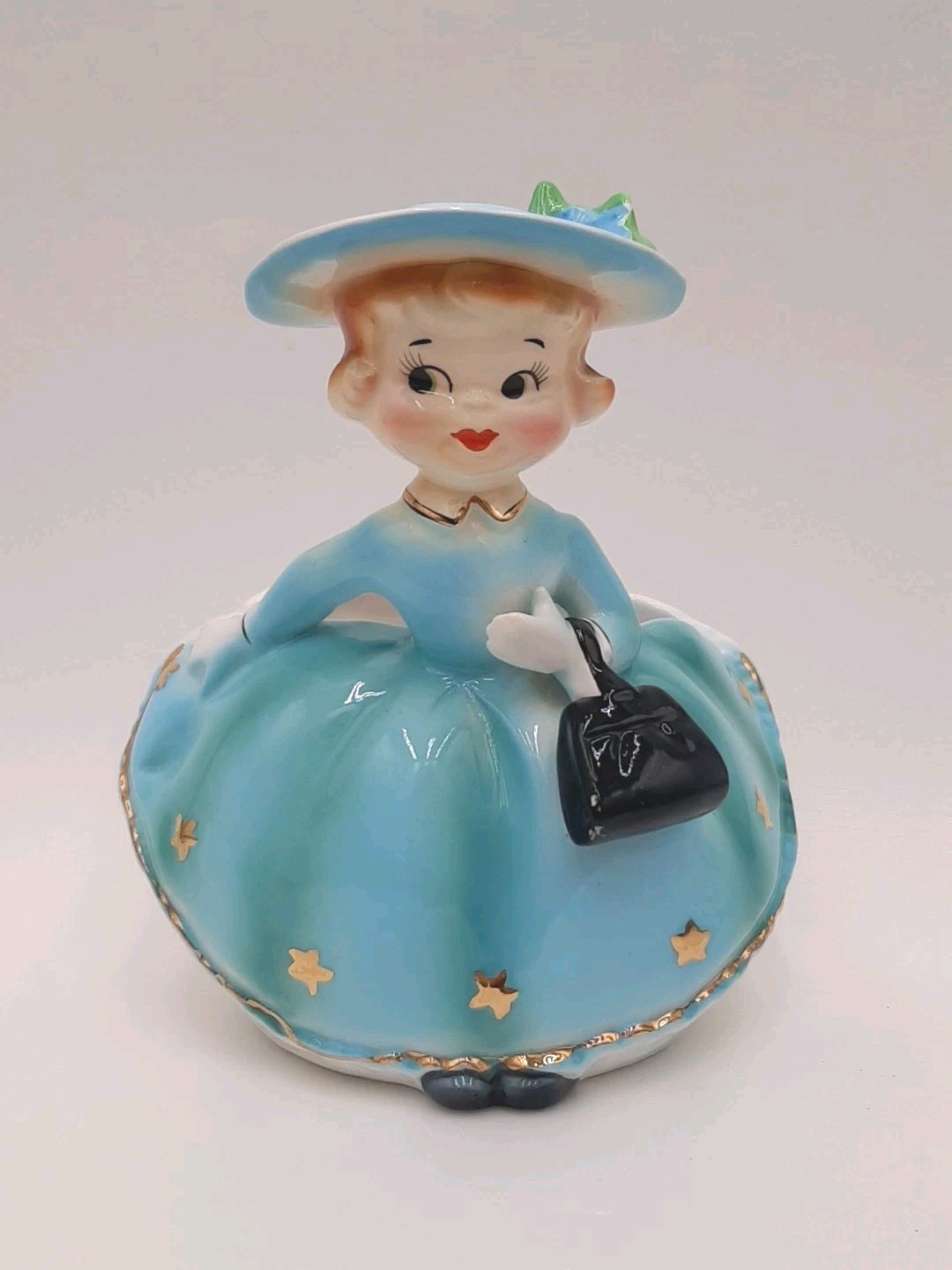 Vintage 50s60s Kitsch Lady In Hat Figurine Ceramic Planter Blue Dress