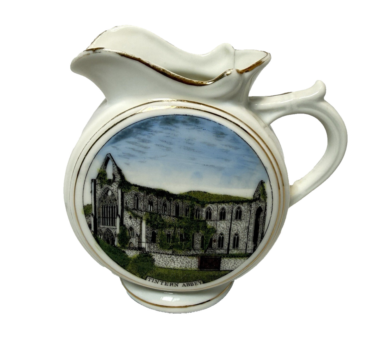 Tintern Abbey in Monmouthshire, Wales Souvenir Jug Porcelain Gilded Rare Antique