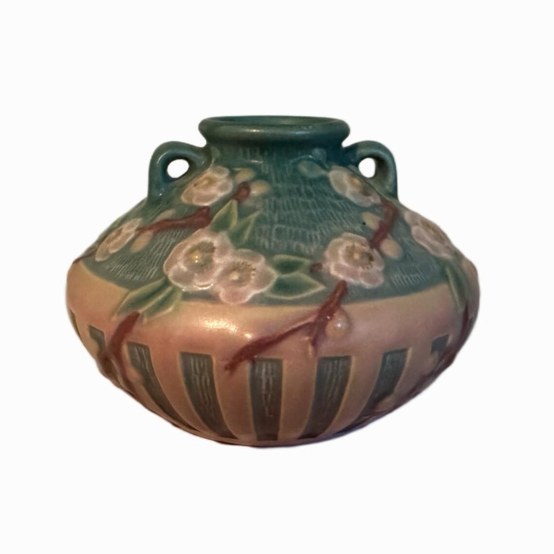 Vintage 1930s Roseville Pottery Cherry Blossom Jardiniere Vase in Pink & Green