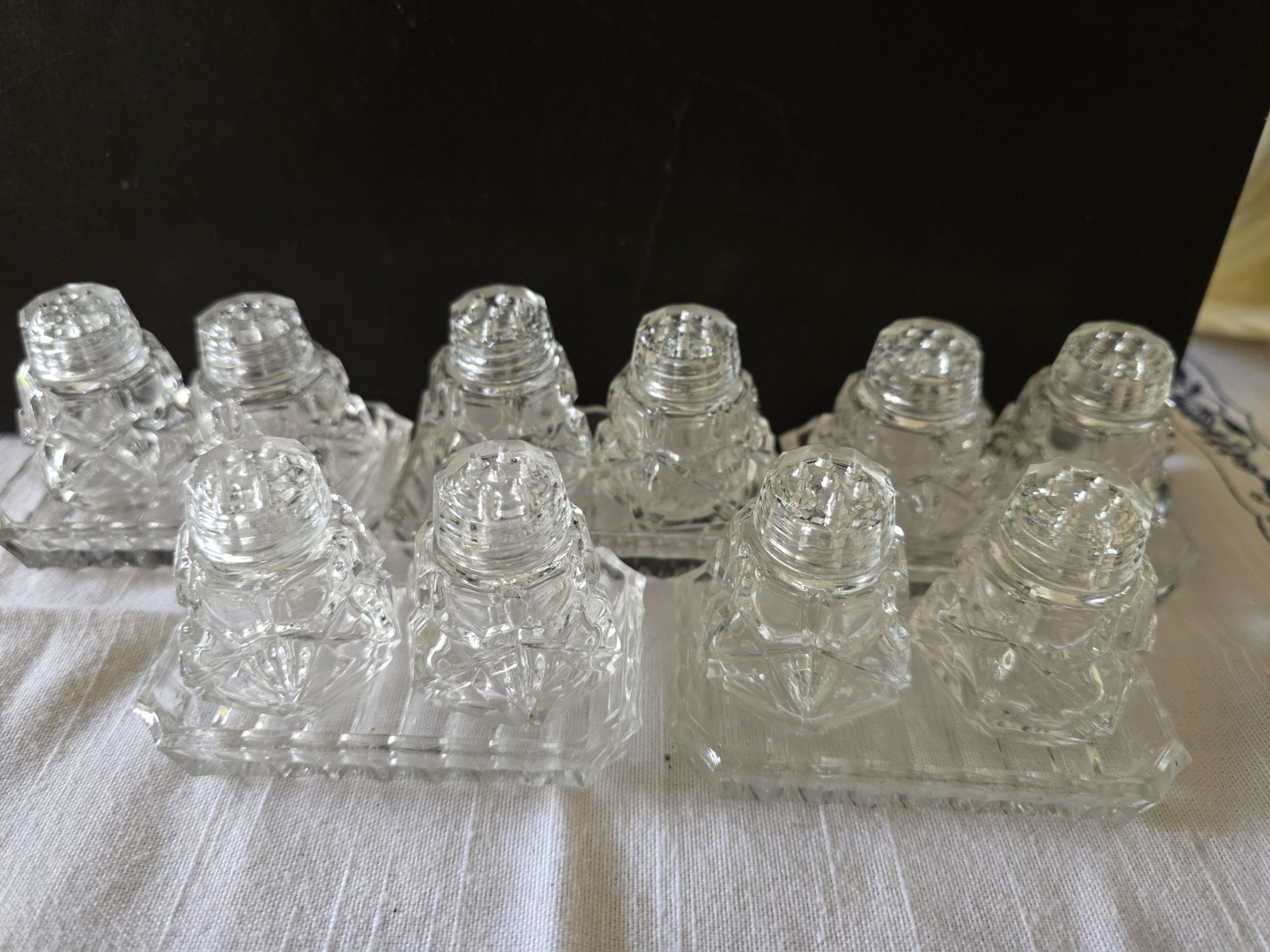 Vtg Mini Salt And Pepper Shakers With Tray Crystal Glass Set Of 5.