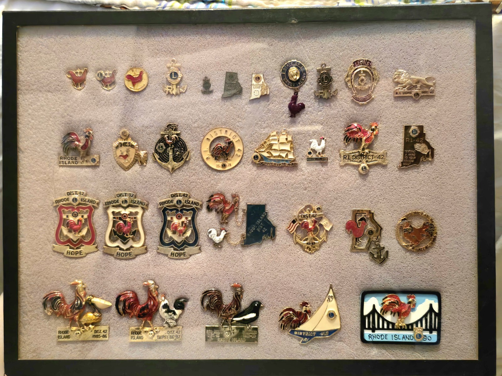 Vintage Lions Club Pins Lot 31pc Rhode Island District 42 Shadow Box Collection