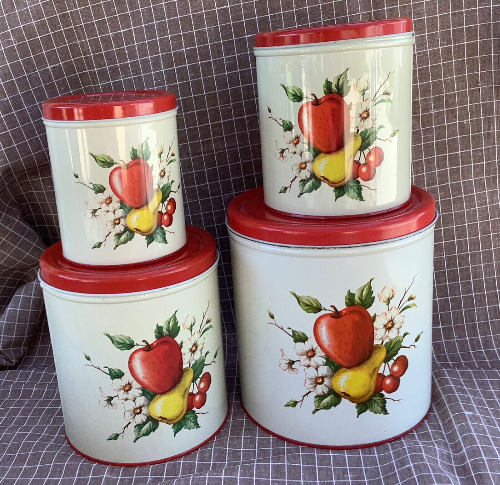 Vintage Canister Set Metal Decoware Apple Pear Cherry Set of Four