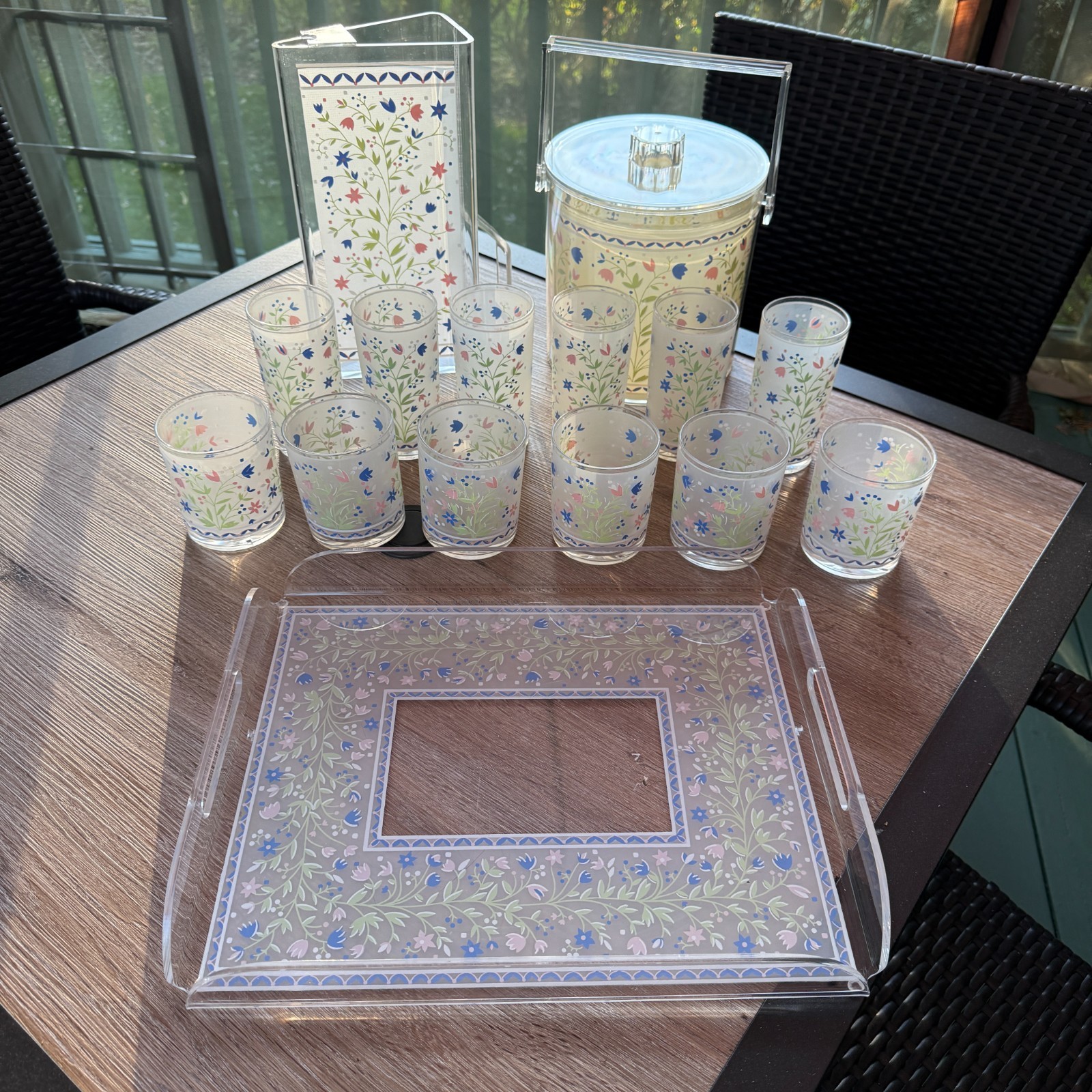 Vintage HJ Stotter Acrylic Lucite Beverage Bar Set 70’s Floral Drinkware Patio