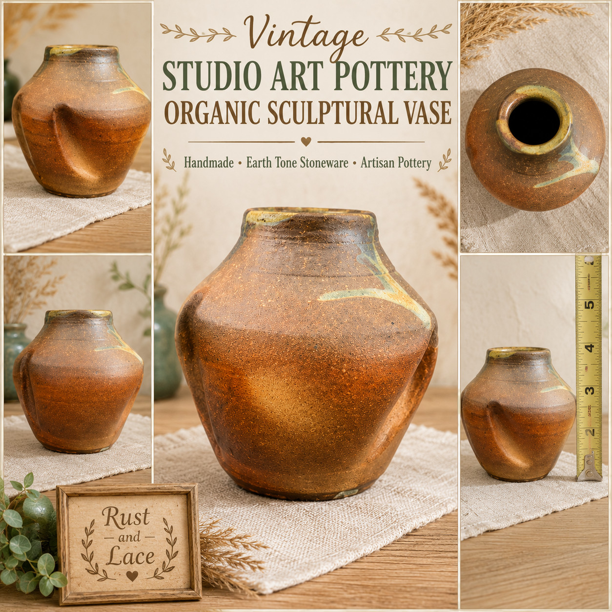 Vintage Studio Art Pottery Vase Sculptural Earth Tone Handmade Pottery