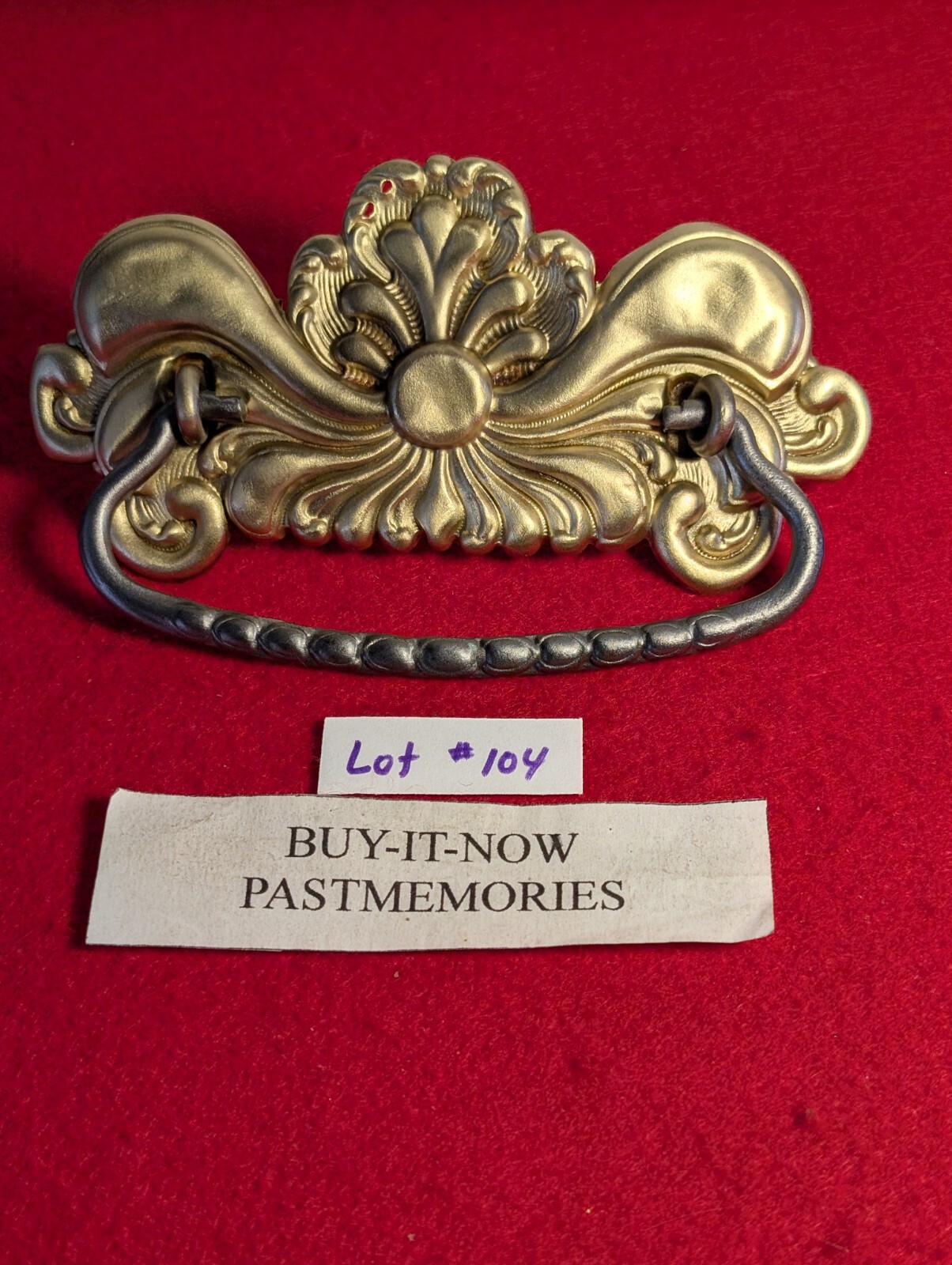 VINTAGE c1900 STAMPED BRASS DRAWER PULL HANDLE, OLD ANTIQUE HARDWARE LOT #104