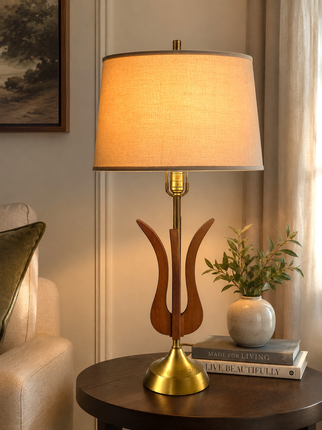 Vintage MCM 1950\'s Sculptural Walnut and Brass Modeline Lamp 31\
