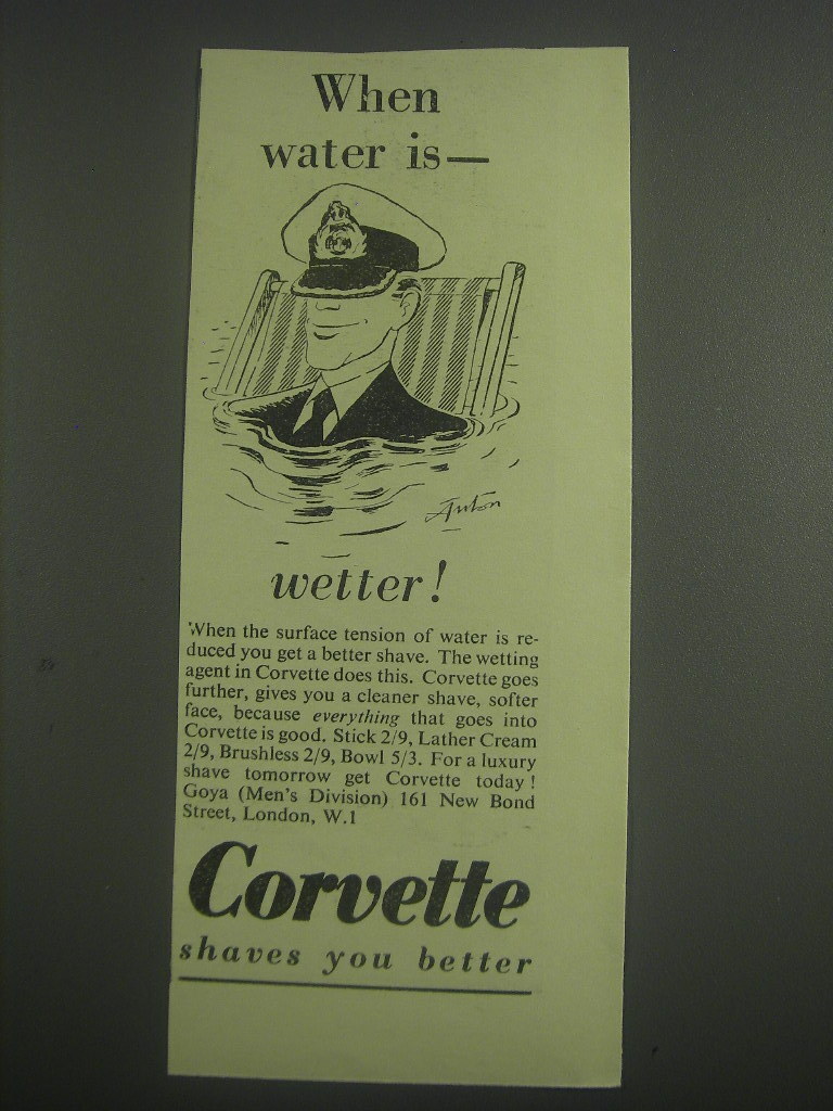 1953 Corvette Shaving Cream Ad - Cartoon by Anton - When water is  - wetter