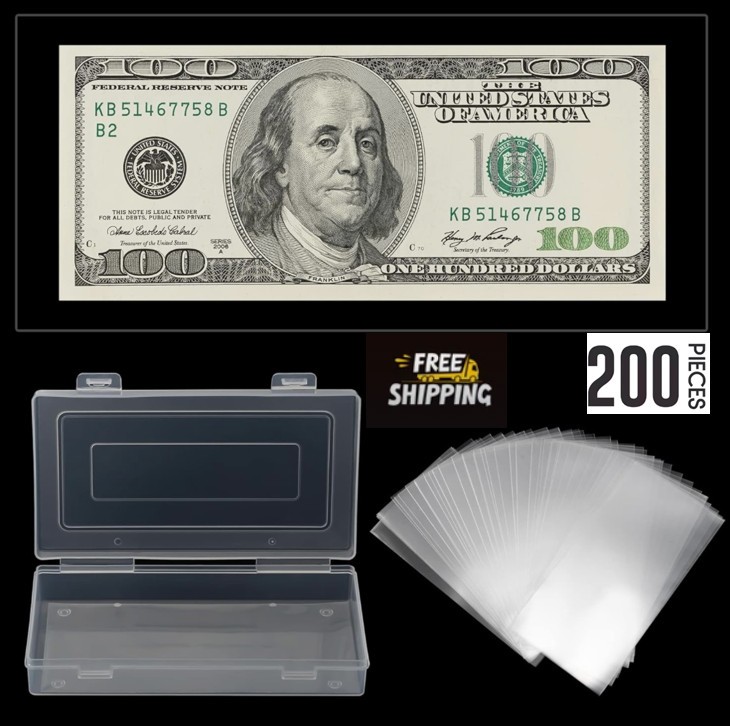 200 PCS Dollar Bill Protection Sleeves (Clear PP) with Storage Case - 