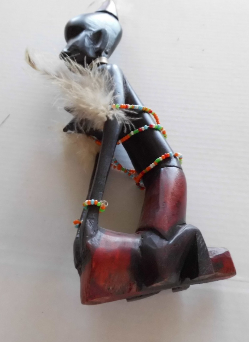 (GRB-21) Vintage African Tribal Woman Statue Figure Wood Carved with Beads 9”