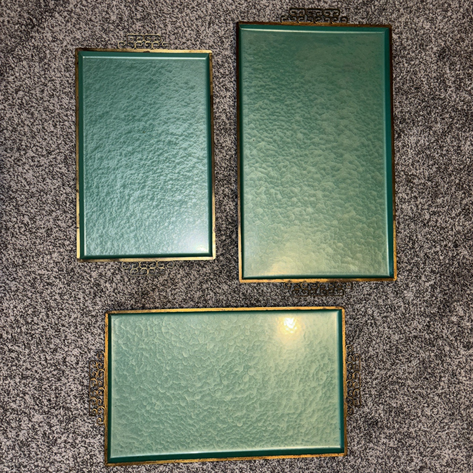Vintage KYES MCM Mid Century Modern Moire Glaze Olive Green 3 Tray Set Vintage KYES MCM Mid Century Modern Moire Glaze Olive Green 3 Tray Set