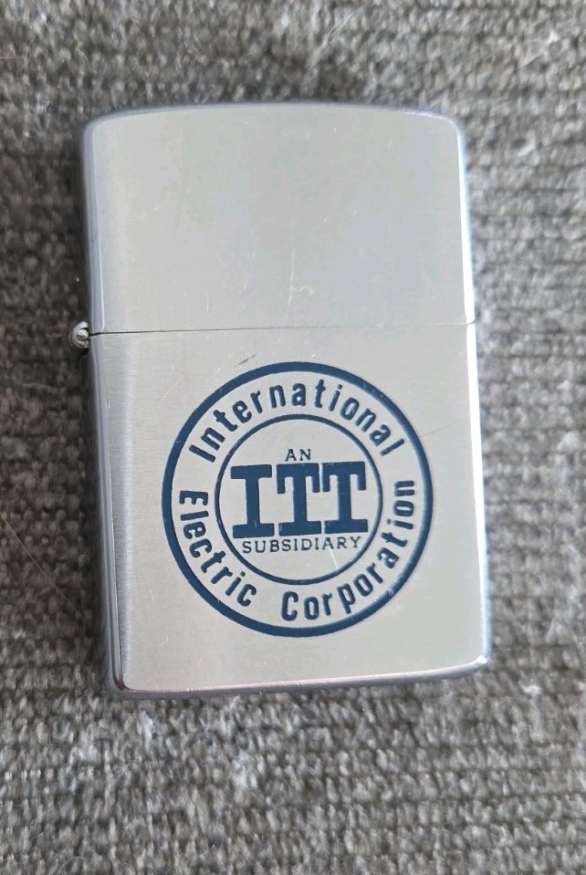 Vintage 1958 Zippo Chrome Windproof Lighter ITT Corporate Emblem Original Insert Vintage 1958 Zippo Chrome Windproof Lighter ITT Corporate Emblem Original Insert