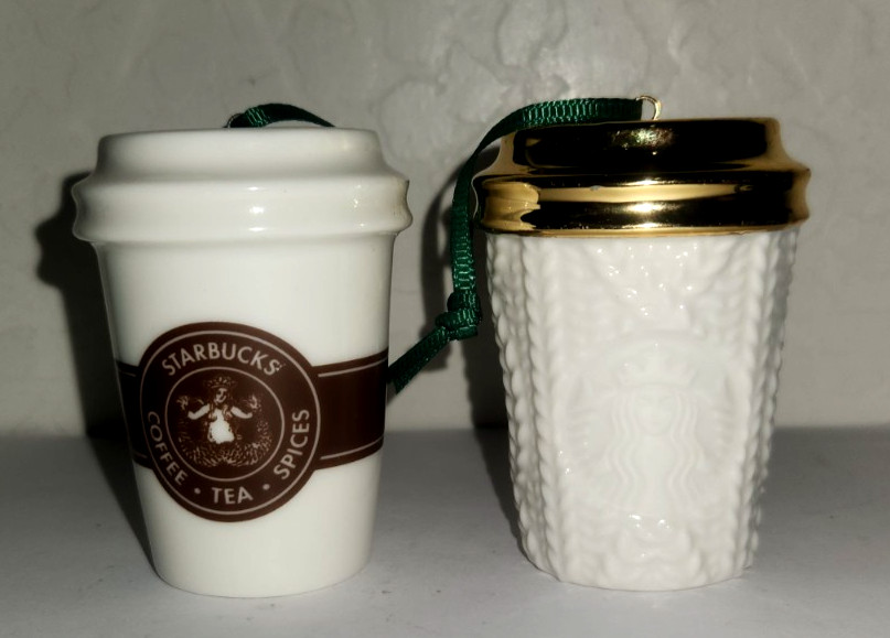 2 Starbucks To Go Cups Ceramic Christmas Holiday Ornaments  2016