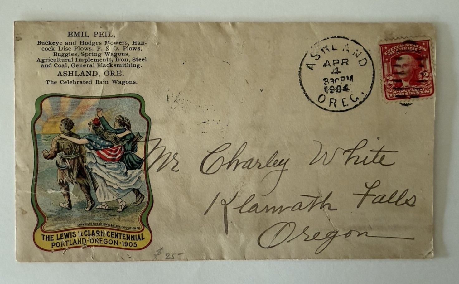 1904 Lewis & Clark Expo Emil Peil Klamath Falls Oregon Letter & Postal Cover 2c