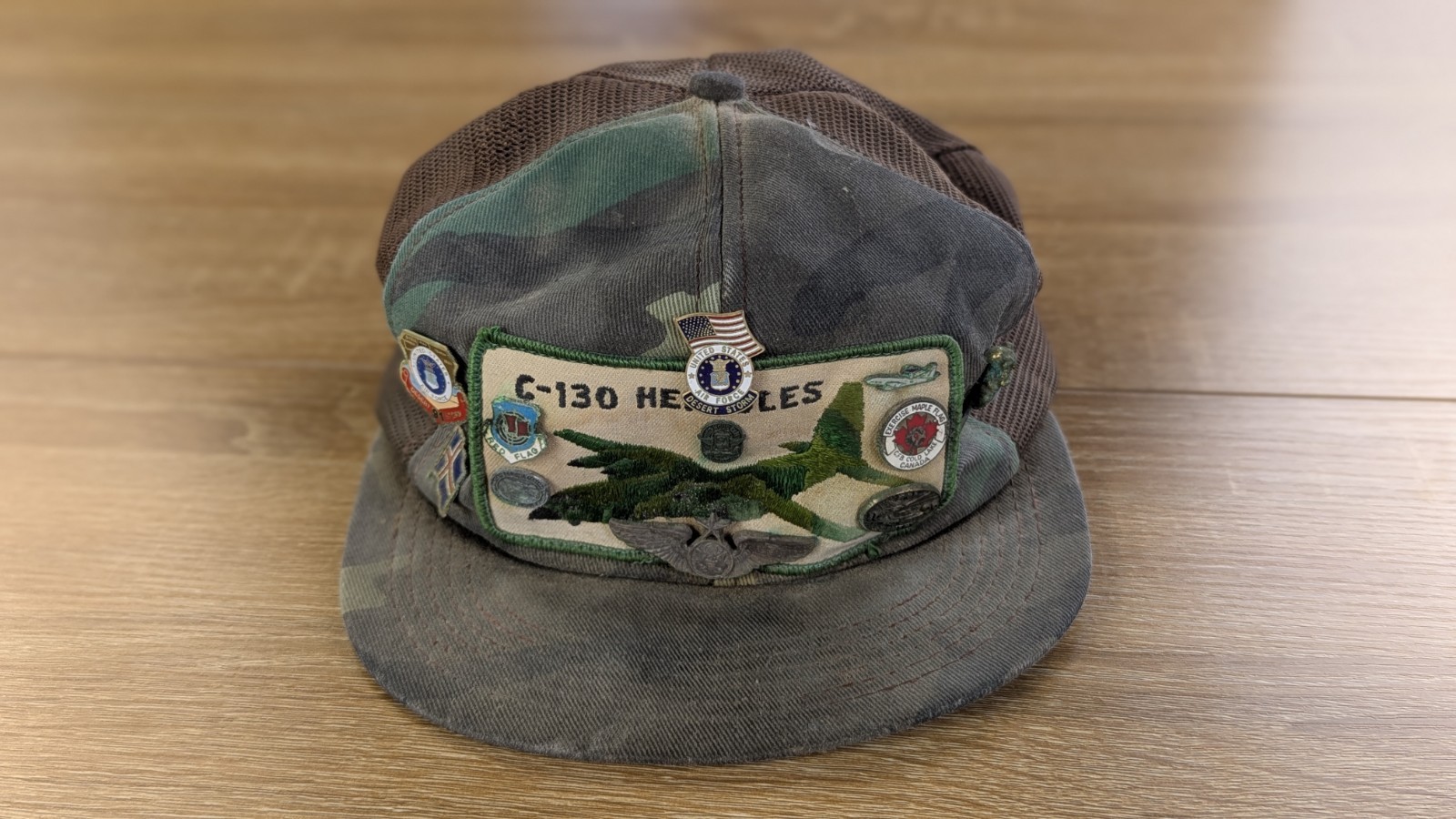 Vintage C-130 Hercules Military Camo Trucker Hat Snapback Cap Air Force Pins