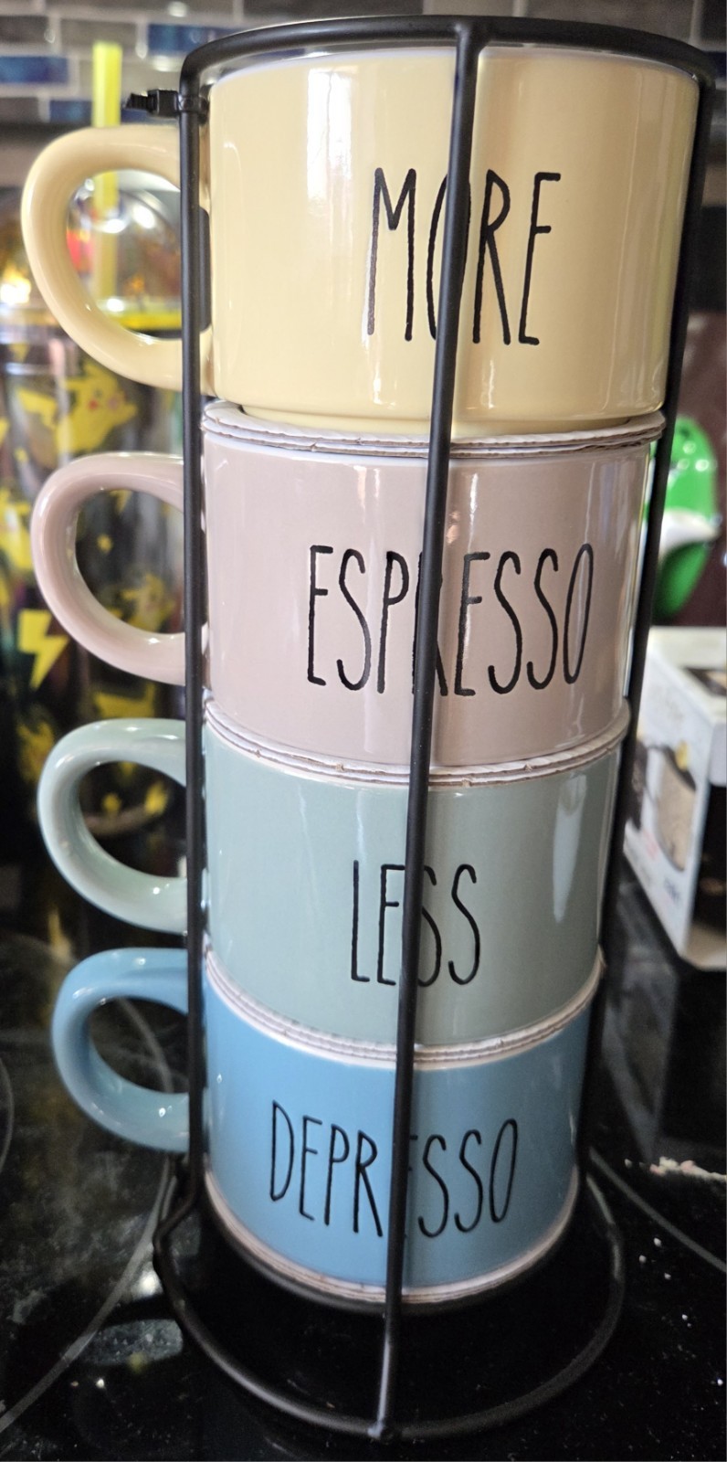 New More Espresso Less Depresso Set of 4 Stackable Coffee Cups With Metal Holder