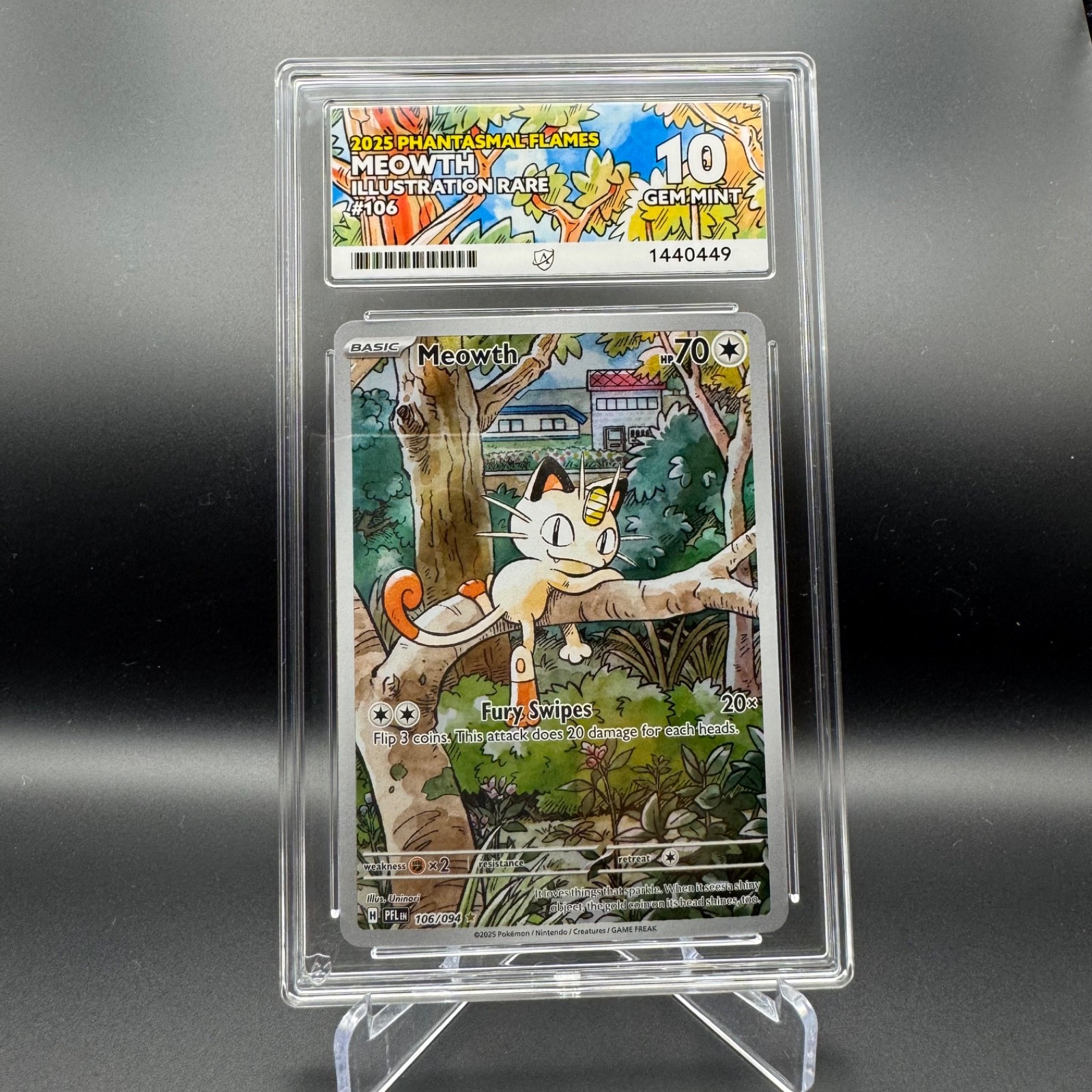 ACE Gem Mint 10 - Phantasmal Flames Meowth Illustration Rare 106/094 Pokemon ACE Gem Mint 10 - Phantasmal Flames Meowth Illustration Rare 106/094 Pokemon