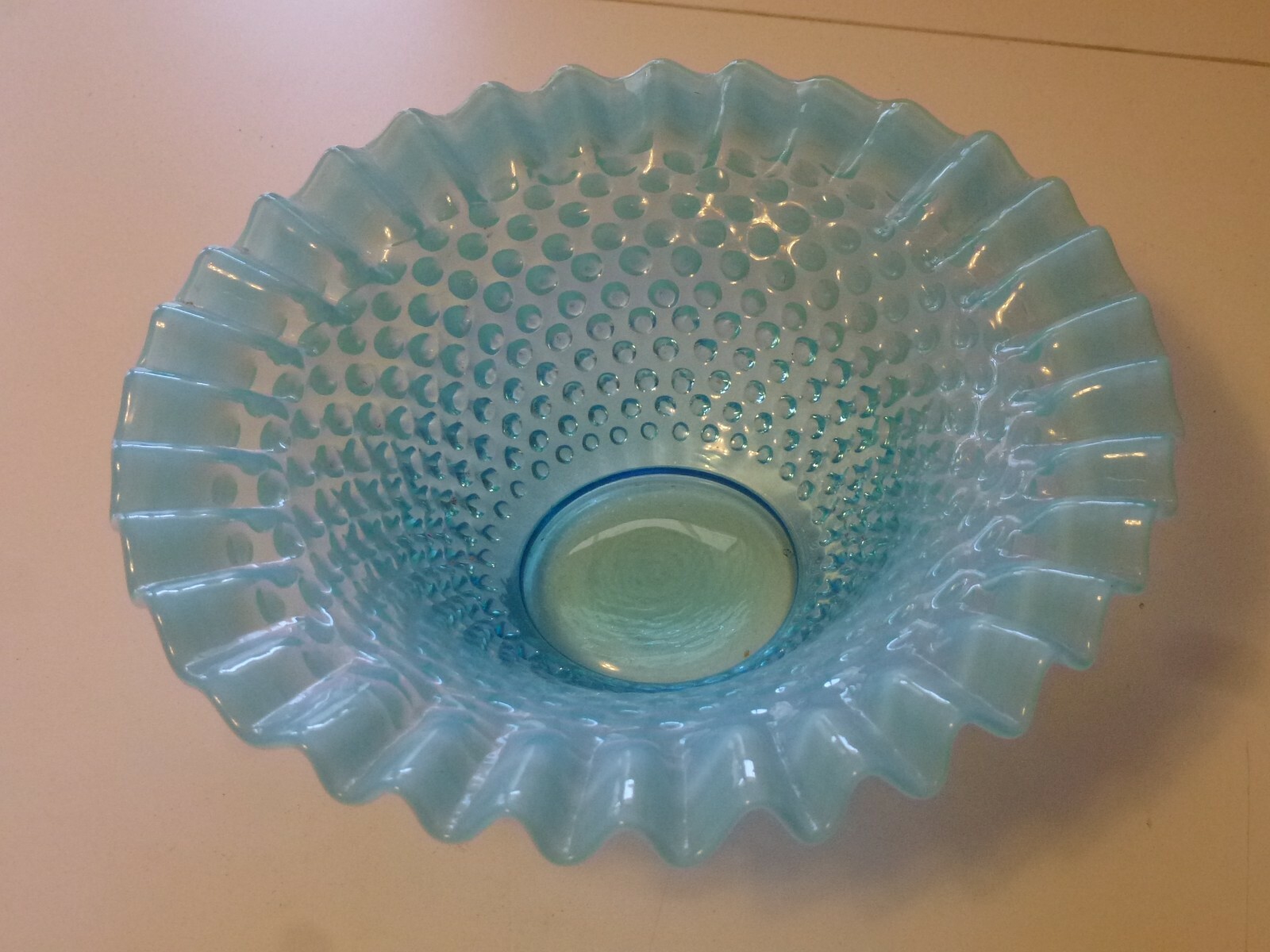 Blue Opalescent Hobnail Ruffled Edge Bowl 9 Inch Unmarked