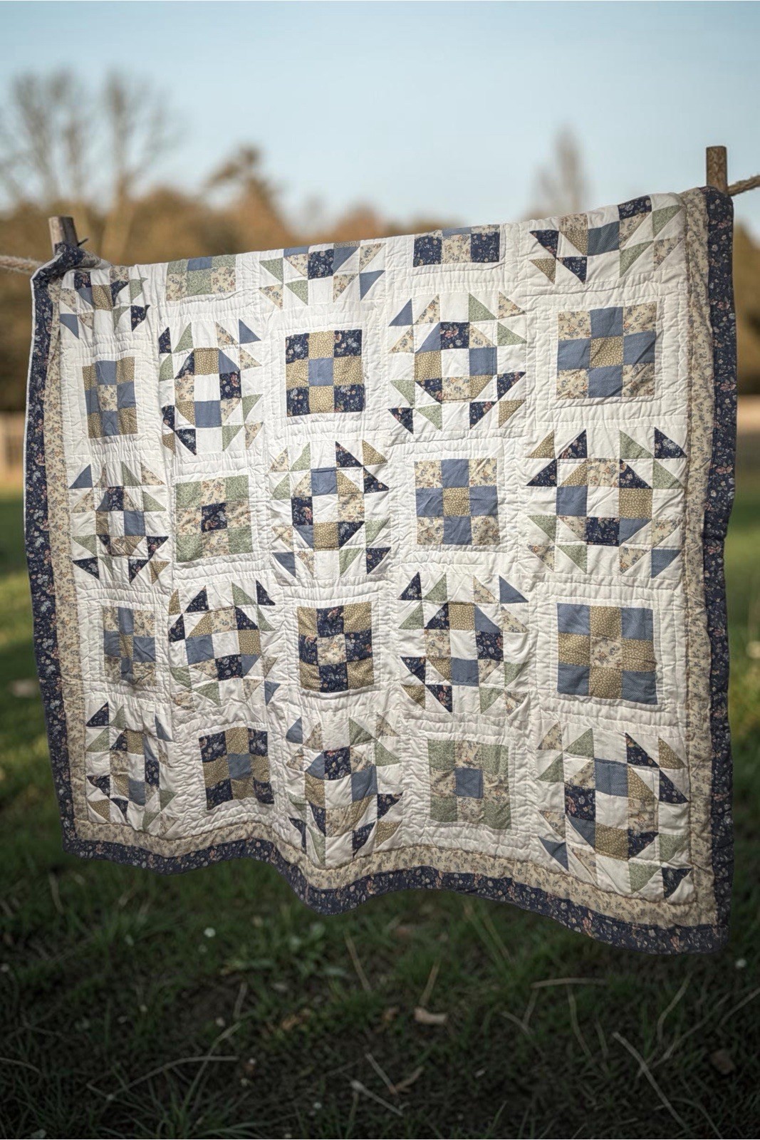 Vintage Hand Quilted Patchwork Geometric Sampler Quilt Blue Green Floral 90x90in