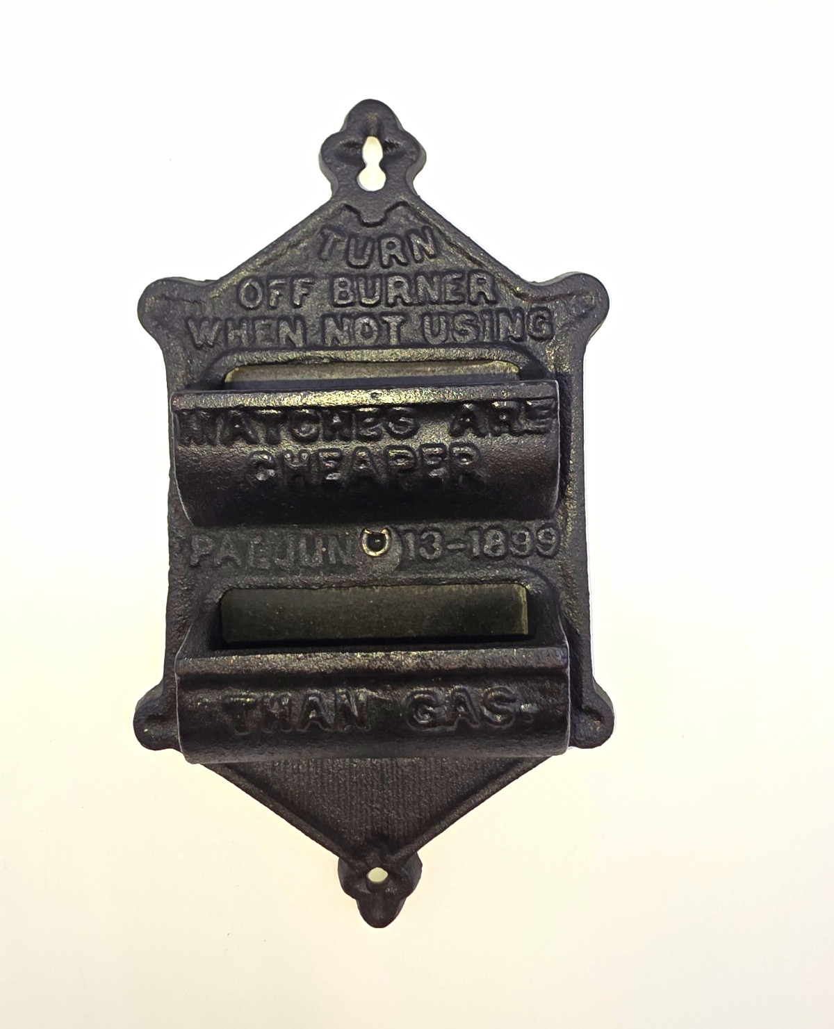 Vtg Cast Iron Match Holder Safe Double Pocket Matches Are Cheaper Than Gas 1899