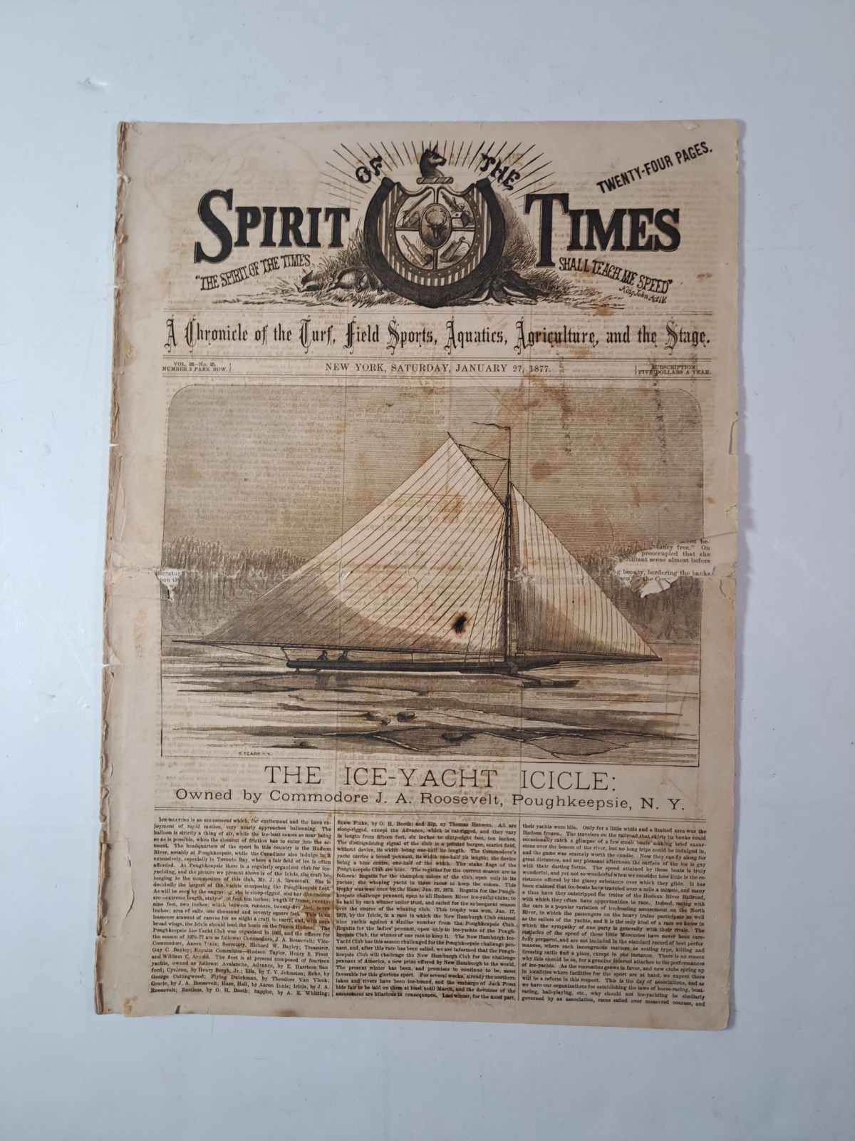 Antique New York Saturday, January 27, 1877 Spirit of the Times Newspaper AS IS