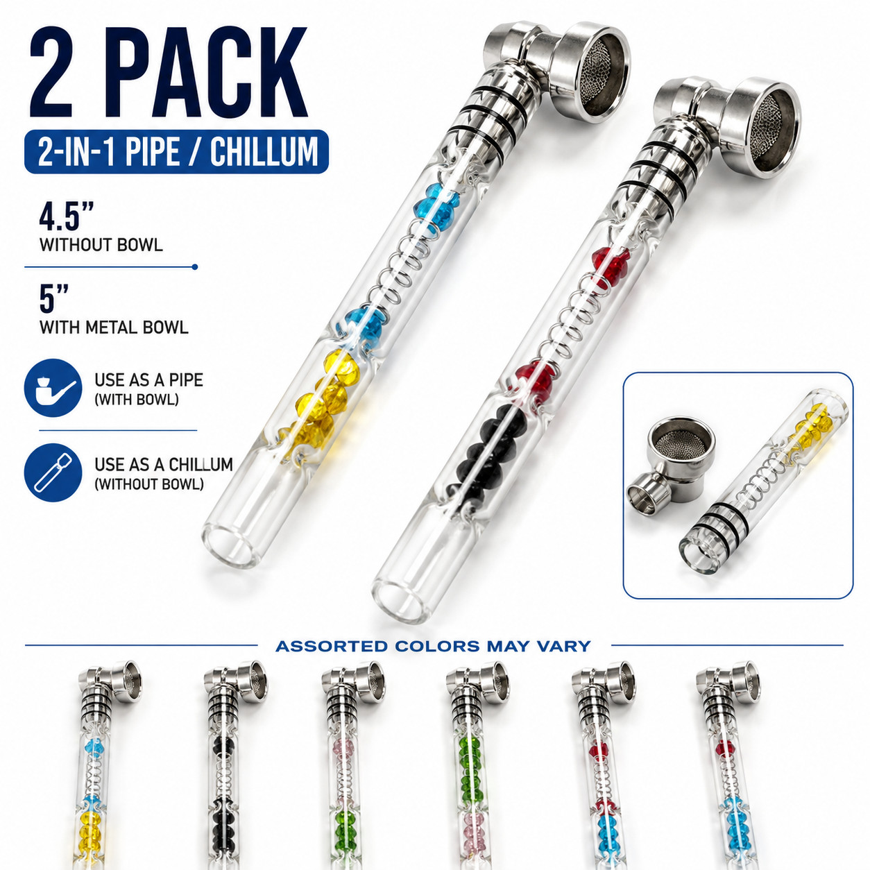 2 Pack Glass One Hitter Chillum Pipe w/ Removable Metal Bowl 2-in-1 Design