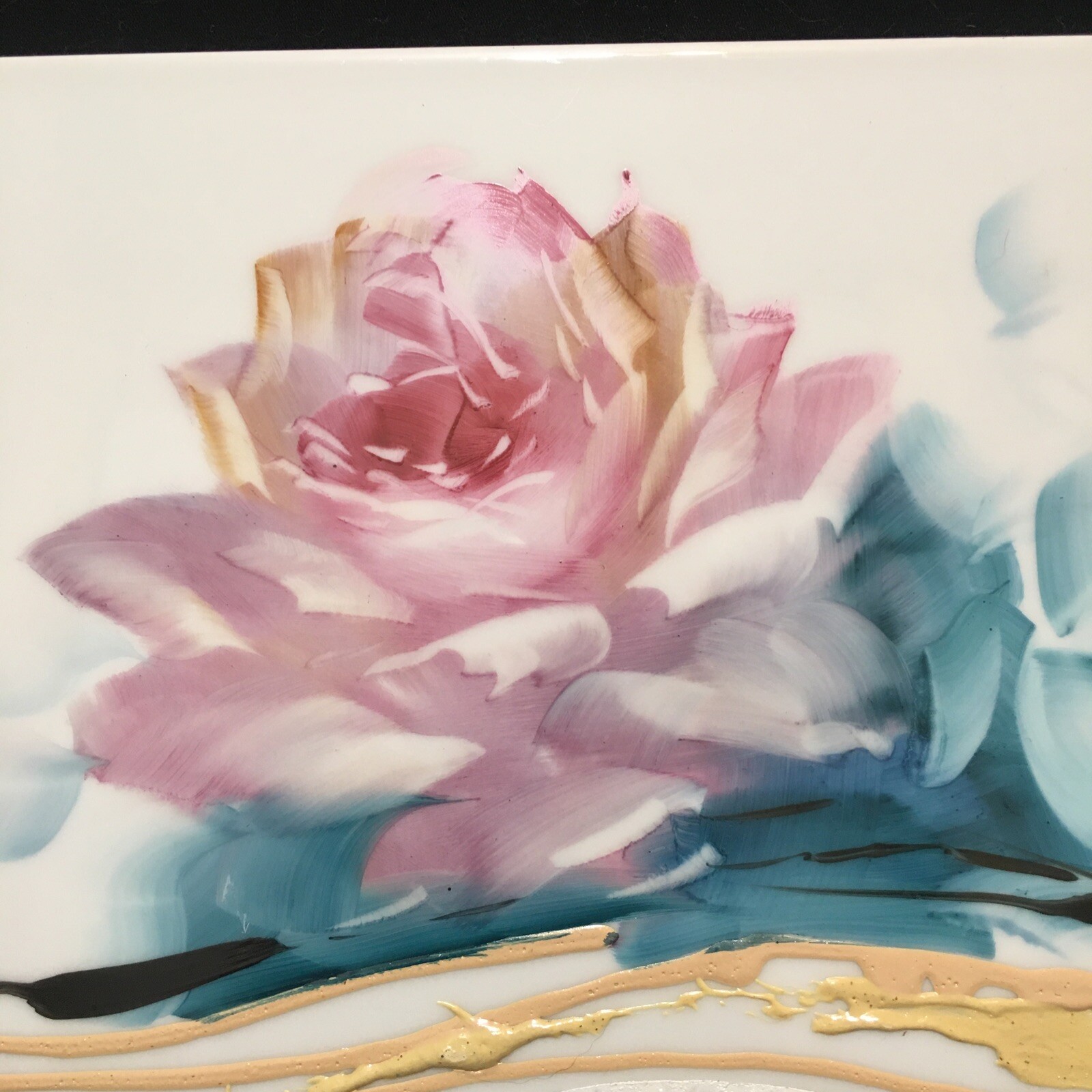 Hand Painted Tile Trivet with Rose and Greenery Signed by Artist 2017