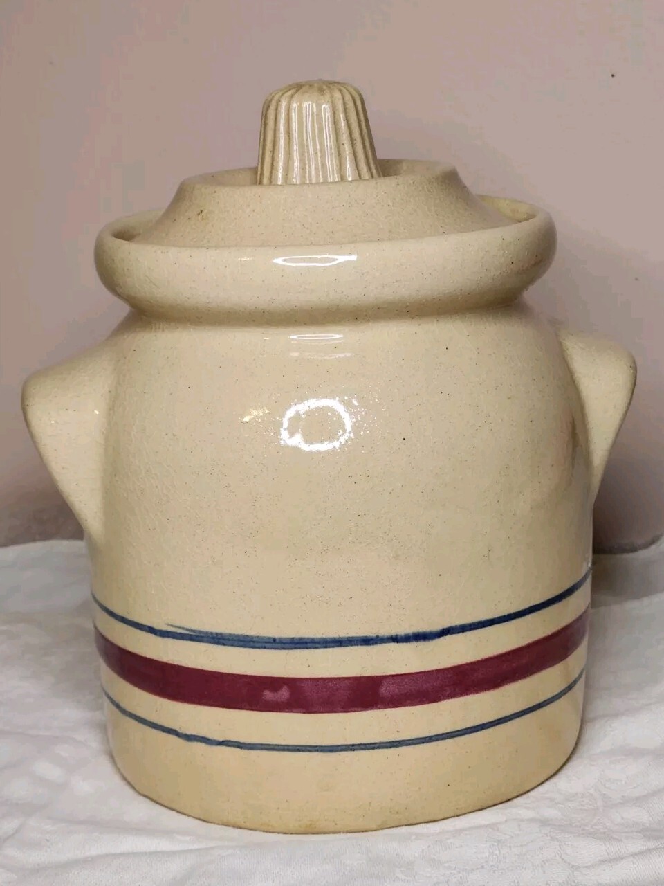 Vintg ROSEVILLE Canister Yellow Ware RRP Co Red Blue Stripes Robinson Ransbottom